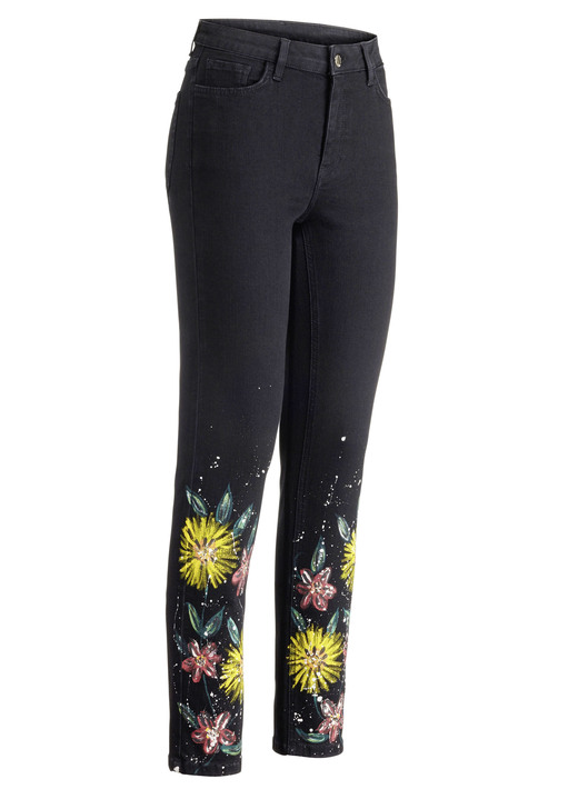 Hosen mit Knopf- und Reissverschluss - Jeans mit handbemalten, floralen Motiven, in Größe 017 bis 052, in Farbe SCHWARZ Ansicht 1