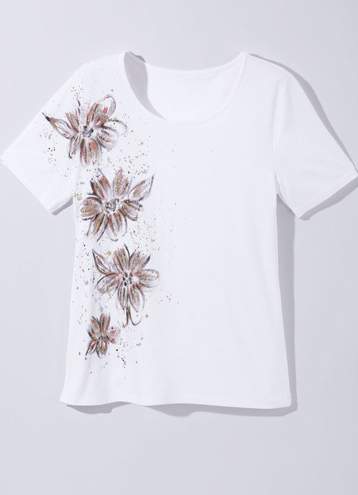 Kurzarm - Shirt mit handbemaltem Glitzerornament, in Größe 036 bis 052, in Farbe WEISS Ansicht 1