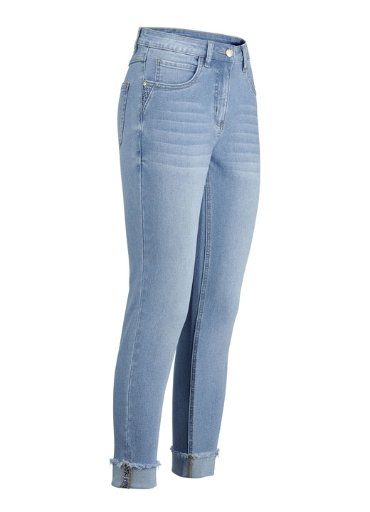 Hosen mit Knopf- und Reissverschluss - Jeans mit funkelndem Glitzersteinchenbesatz Hosen mit Knopf- und Reissverschluss - Jeans mit funkelndem Glitzersteinchenbesatz, in Größe 017 bis 050, in Farbe HELLBLAU