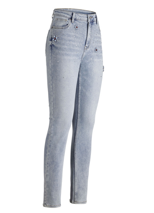 Hosen mit Knopf- und Reissverschluss - Jeans mit Strasszier und glänzenden Blütenmotiven, in Größe 017 bis 050, in Farbe HELLBLAU Ansicht 1