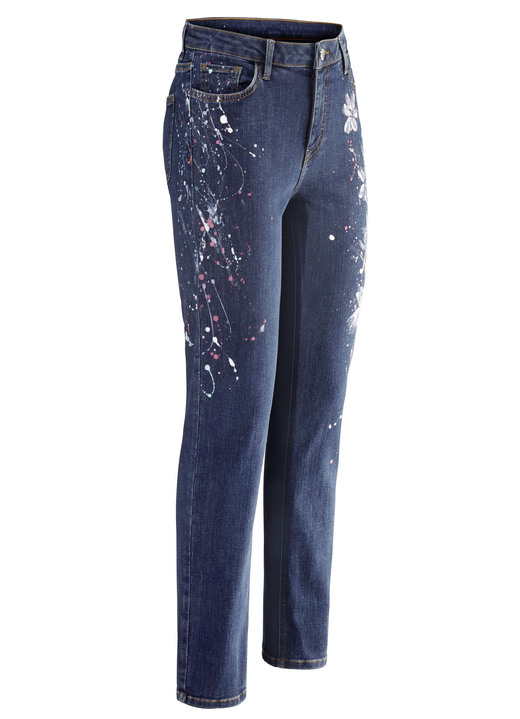 Hosen mit Knopf- und Reissverschluss - Jeans mit hanbemalten, floralen Motiven, in Größe 017 bis 052, in Farbe DUNKELBLAU Ansicht 1