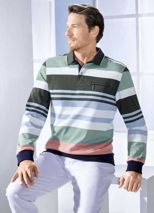 Sweatshirts - Poloshirt mit Reissverschluss-Brusttasche, in Größe 046 bis 062, in Farbe HELLBLAU-GRÜN-ECRU