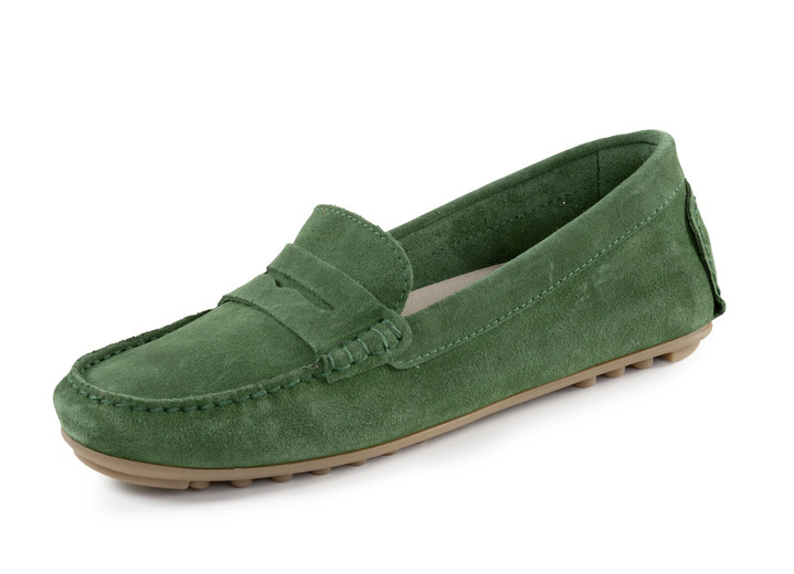 Slipper & Schnürschuhe - ELENA EDEN Mokassin-Slipper aus geschmeidigem Rind-Veloursleder, in Größe 036 bis 042, in Farbe GRÜN Ansicht 1