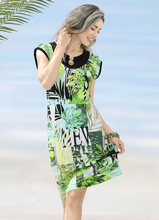 Damenmode - Kleid mit farbbrillantem Druckdessin und überschnittenen Ärmeln, in Größe 036 bis 054, in Farbe GRÜN-BUNT