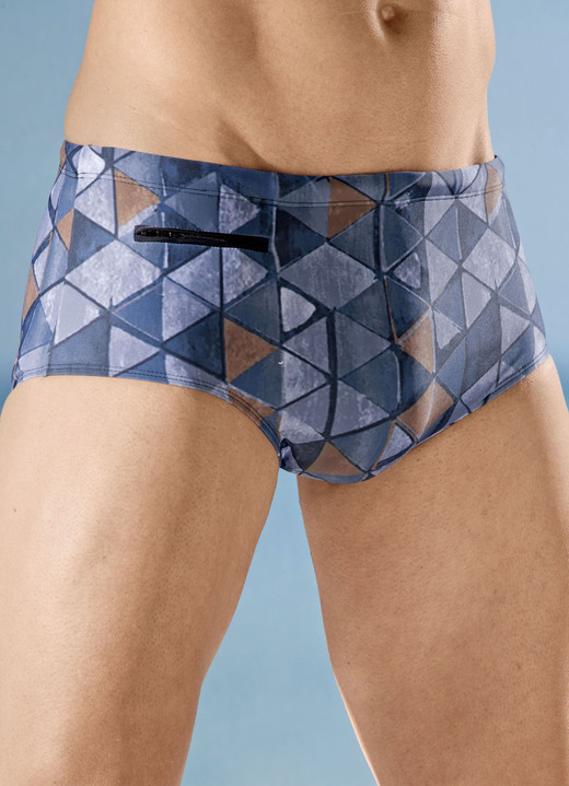 - Badehose in höherer Slipform mit Reissverschlusstasche, in Größe 004 bis 010, in Farbe GRAU-BUNT