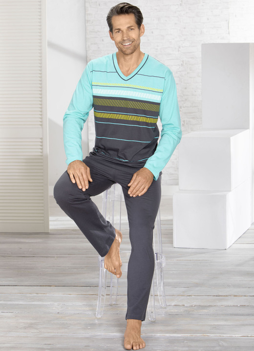 Pyjamas - Schlafanzug mit V-Ausschnitt und offenen Beinabschlüssen, in Größe 046 bis 062, in Farbe GRAU-TÜRKIS