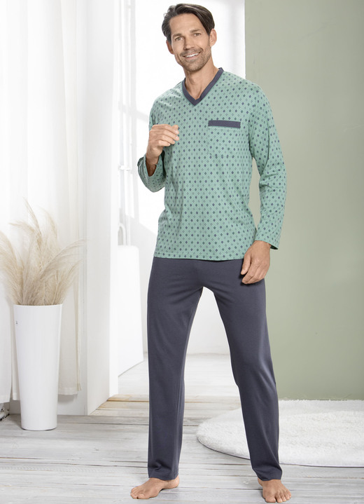 Pyjamas - Schlafanzug mit V-Auschnitt und offenen Abschlüssen, in Größe 048 bis 064, in Farbe SALBEI-ANTHRAZIT Ansicht 1