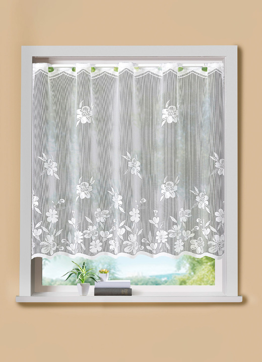 Kurzgardinen - Kleinfenster-Vorhang Blumenranke mit Stangendurchzug, in Größe 120 (H80xB100 cm) bis 125 (H100xB150 cm), in Farbe WEISS Ansicht 1