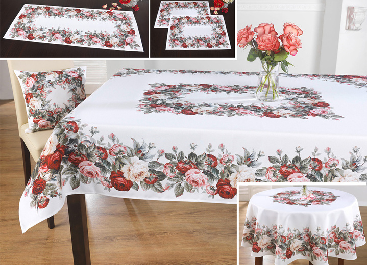 Tischdecken - Aussdrucksstarke Tischdecke mit bezauberndem Rosen-Dessin, in Größe 130 (2 Deckchen, 35/ 50 cm) bis 404 (Kissenbezug, 40/ 40 cm), in Farbe ECRU-BUNT Ansicht 1