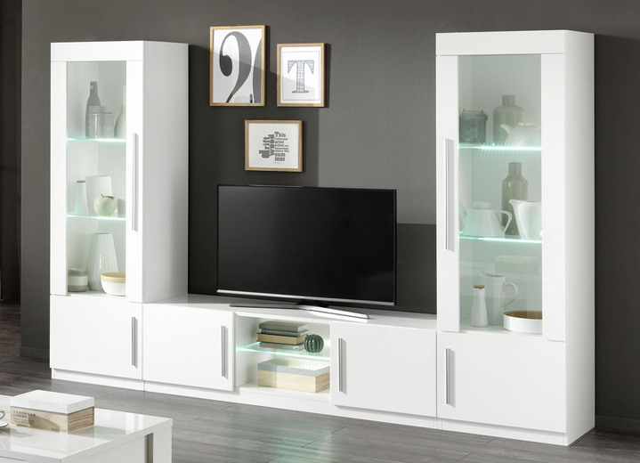 Vitrinen - Wohnzimmermöbel-Programm mit hochglänzenden Oberflächen, in Farbe WEISS, in Ausführung TV-Longboard mit LED-Beleuchtung Ansicht 1