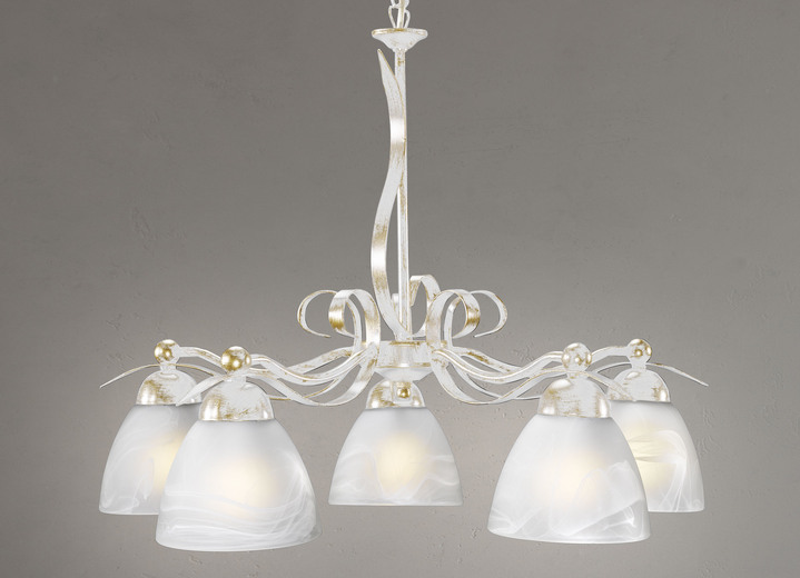 Deckenlampe - Formschöne Pendelleuchte, 5-flammig aus Eisen und Glas, in Farbe CREME-GOLD Ansicht 1