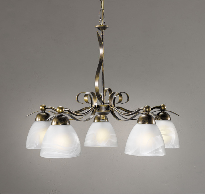 Deckenlampe - Formschöne Pendelleuchte, 5-flammig aus Eisen und Glas, in Farbe SCHWARZ-GOLD Ansicht 1