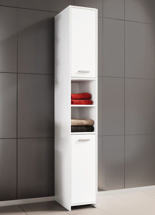 Badezimmermöbel - Modernes Badmöbel-Programm, in Farbe WEISS, in Ausführung Hochschrank Ansicht 1
