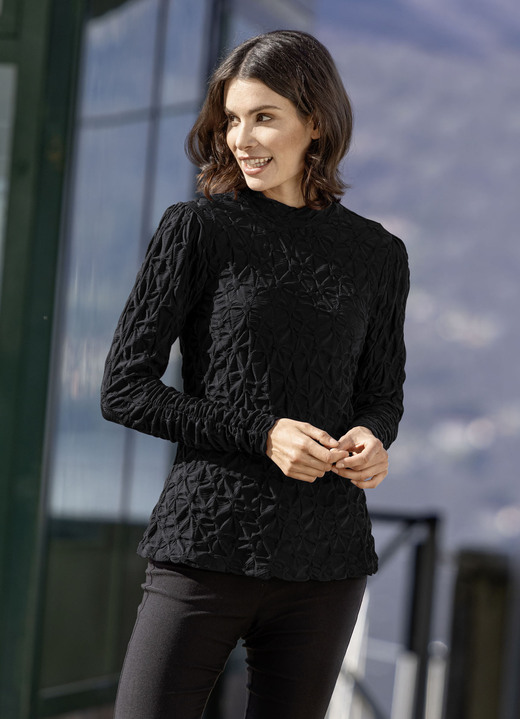 Langarm - Shirt mit Stehkragen in 2 Farben, in Größe 034 bis 052, in Farbe SCHWARZ Ansicht 1