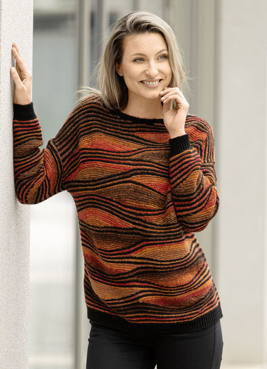 Langarm - Pullover in aufwendigem Dessin, in Größe L(44/46) bis XXL(52/54), in Farbe SCHWARZ-ORANGE-MULTICOLOR Ansicht 1