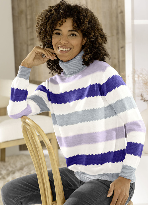 Langarm - Pullover mit Schurwolle Langarm - Pullover mit Schurwolle, in Größe 036 bis 052, in Farbe NATUR-LILA-MULTICOLOR