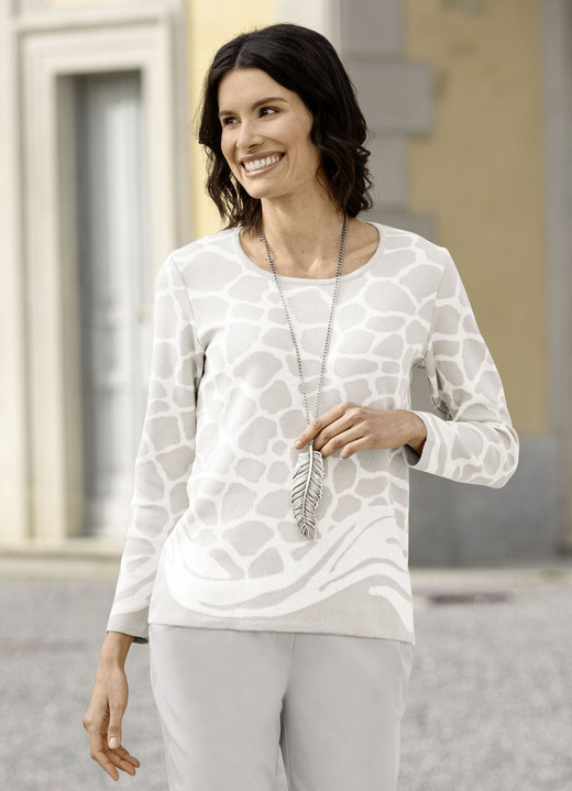 Langarm - Pullover in Jacquard-Dessin, in Größe 036 bis 052, in Farbe HELLGRAU-WEISS Ansicht 1