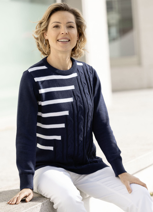 Langarm - Pullover in Mustermix, in Größe 038 bis 054, in Farbe MARINE-WEISS