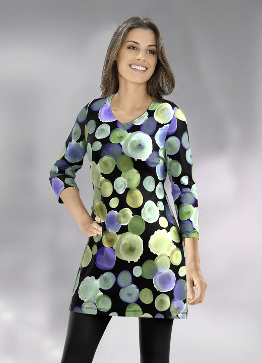 3/4-Arm - Longshirt mit farbbrillantem Allover-Druck, in Größe 038 bis 052, in Farbe SCHWARZ-LILA-GRÜN