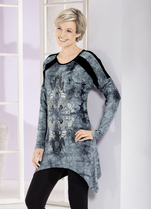 Langarm - Longshirt in aktueller Batik-Optik in 2 Farben, in Größe 038 bis 052, in Farbe GRAU BATIK Ansicht 1