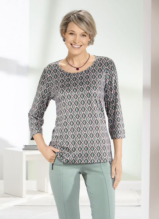 3/4-Arm - Shirt mit Allover-Druck in 2 Farben, in Größe 036 bis 054, in Farbe SALBEI-BRAUN-BEIGE Ansicht 1