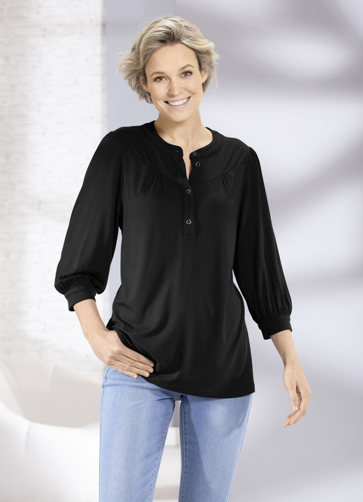 3/4-Arm - Shirt mit kurzer Knopfleiste in 2 Farben, in Größe 036 bis 048, in Farbe SCHWARZ Ansicht 1