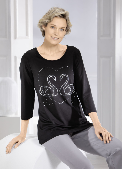 3/4-Arm - Shirt mit edler Strasszier in 2 Farben 3/4-Arm - Shirt mit edler Strasszier in 2 Farben, in Größe 038 bis 052, in Farbe SCHWARZ