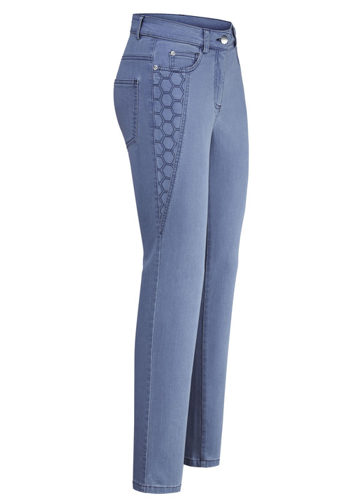 Hosen mit Knopf- und Reissverschluss - Jeans mit schöner Stickerei, in Größe 018 bis 052, in Farbe JEANSBLAU Ansicht 1