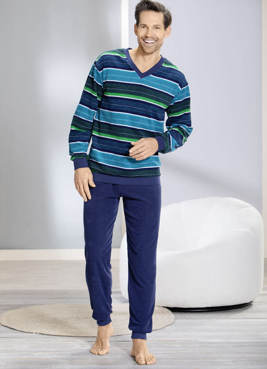 Pyjamas - Schlafanzug aus Frottierstretch mit Bündchenabschlüssen, in Größe 046 bis 060, in Farbe MARINE-TÜRKIS