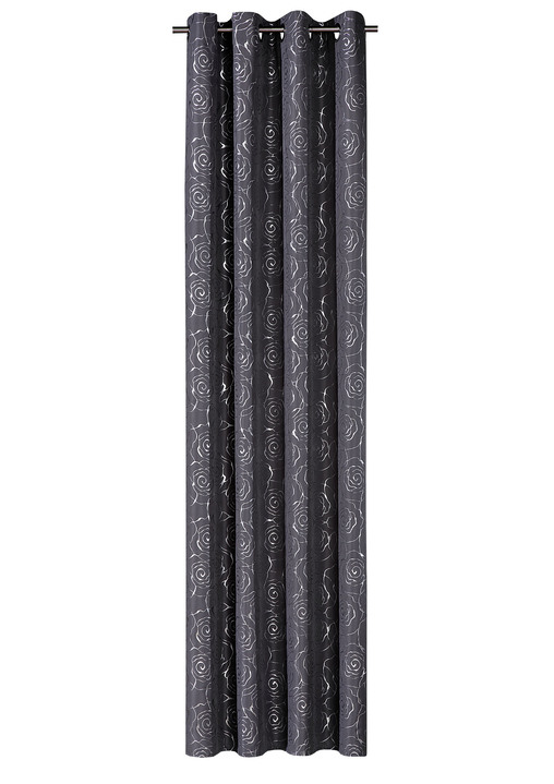 Modern - Dekoschal mit hübschem Rosen-Dessin, in Größe 365 (H145xB135 cm) bis 456 (H245xB135 cm), in Farbe GRAU-SILBER, in Ausführung mit Ösen Ansicht 1