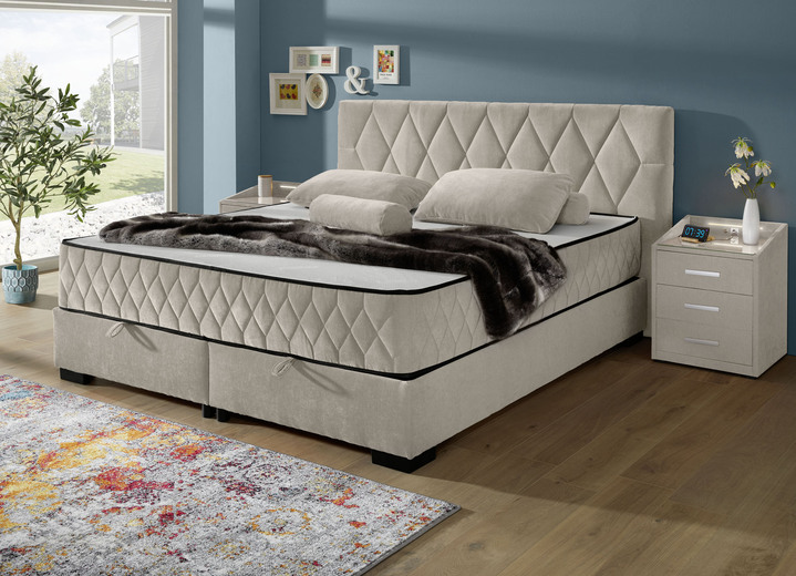 Boxspringbetten - Boxspringbett mit Wendematratze und Bettkasten, in Farbe SAND, in Ausführung Kopfteil mit Rautensteppung Ansicht 1