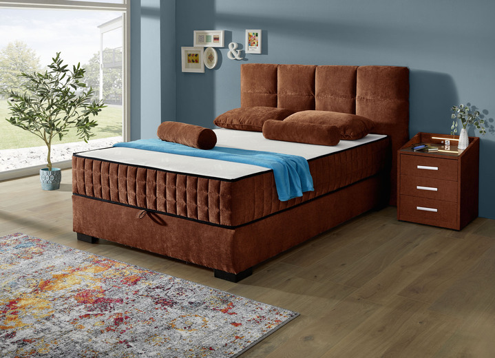 Boxspringbetten - Boxspringbett mit Wendematratze und Bettkasten, in Farbe COGNAC, in Ausführung Kopfteil mit Rechtecksteppung Ansicht 1