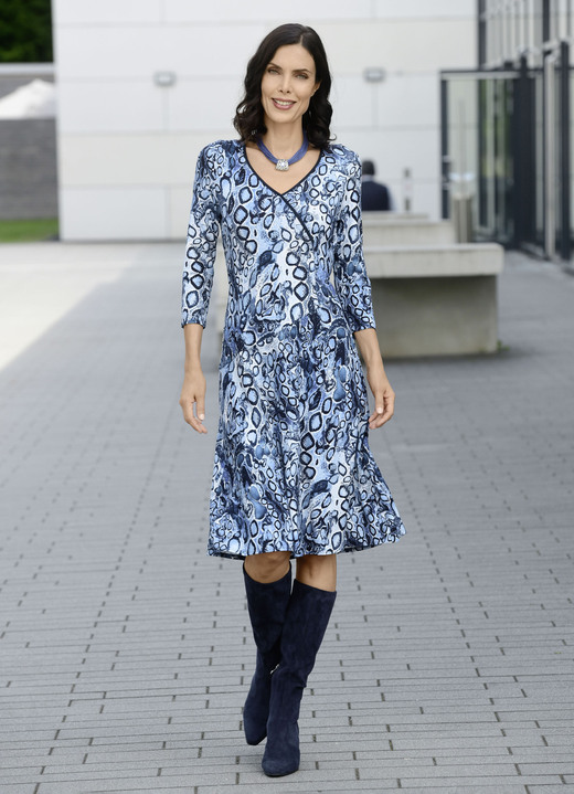 Kleider - Kleid in raffinierter Wickeloptik, in Größe 036 bis 052, in Farbe MARINE-BLEU-BUNT