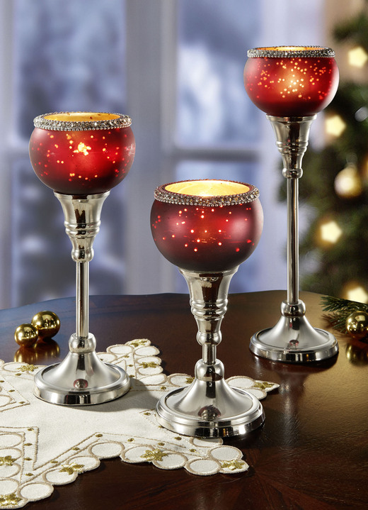 - Teelichthalter aus Aluminium und Glas, 3er-Set, in Farbe ROT-SILBER