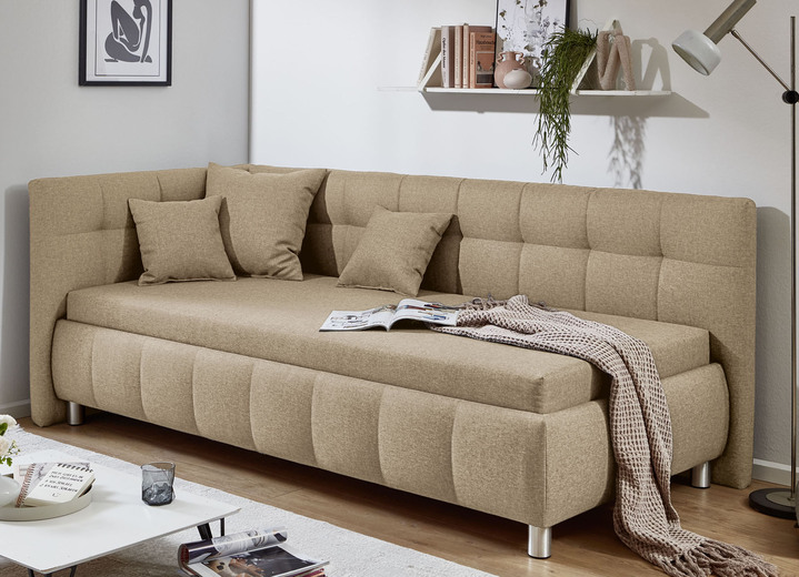 Bettsofas - Studioliege mit Kissen-Set, 3-teilig, und Bettkasten, in Farbe BEIGE, in Ausführung Kopfteil links, mit Federkern-Festpolsterung Ansicht 1