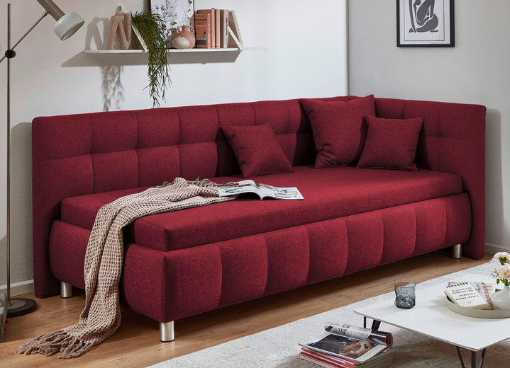 Bettsofas - Studioliege mit Kissen-Set, 3-teilig, und Bettkasten, in Farbe ROT, in Ausführung Kopfteil rechts, mit Federkern-Festpolsterung Ansicht 1