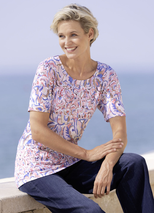 Kurzarm - Shirt mit rundem Halsausschnitt Kurzarm - Shirt mit rundem Halsausschnitt, in Größe 038 bis 054, in Farbe ECRU-ROSÉ-BLEU
