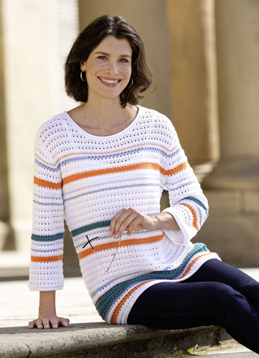 Pullover - Pullover in Häkeloptik Pullover - Pullover in Häkeloptik, in Größe L(44/46) bis XS(32/34), in Farbe WEISS-ORANGE-MULTICOLOR