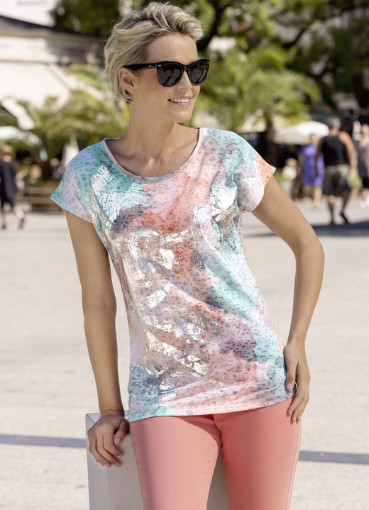 Kurzarm - Shirt mit silberfarbenem Foliendruck, in Größe 036 bis 048, in Farbe MINT-LACHS Ansicht 1