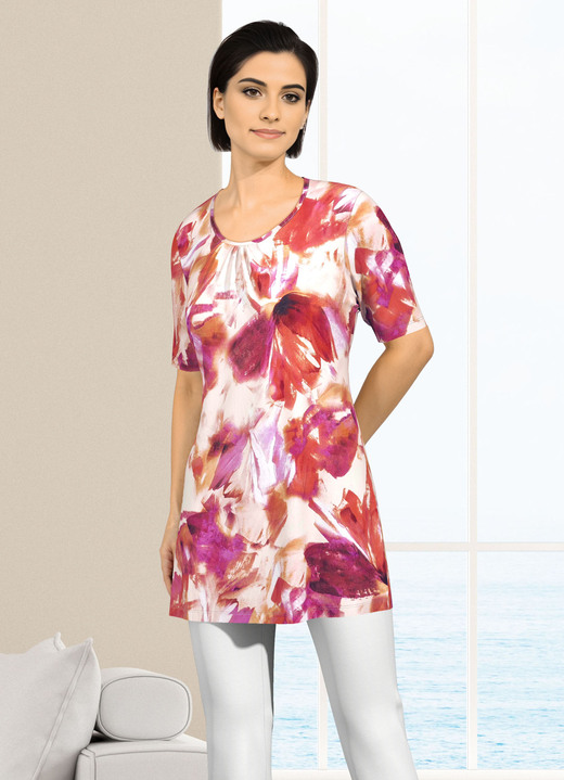 Kurzarm - Longshirt mit dezenter Kräuselung im Vorderteil, in Größe 040 bis 052, in Farbe PINK-ORANGE