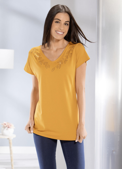 Kurzarm - Shirt mit dekorativer Strasssteinzier Kurzarm - Shirt mit dekorativer Strasssteinzier , in Größe 040 bis 056, in Farbe MAISGELB