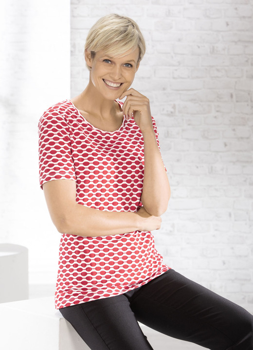 Kurzarm - Shirt mit interessanter zweifarbiger Struktur in 2 Farben, in Größe 036 bis 052, in Farbe ROT-WEISS Ansicht 1