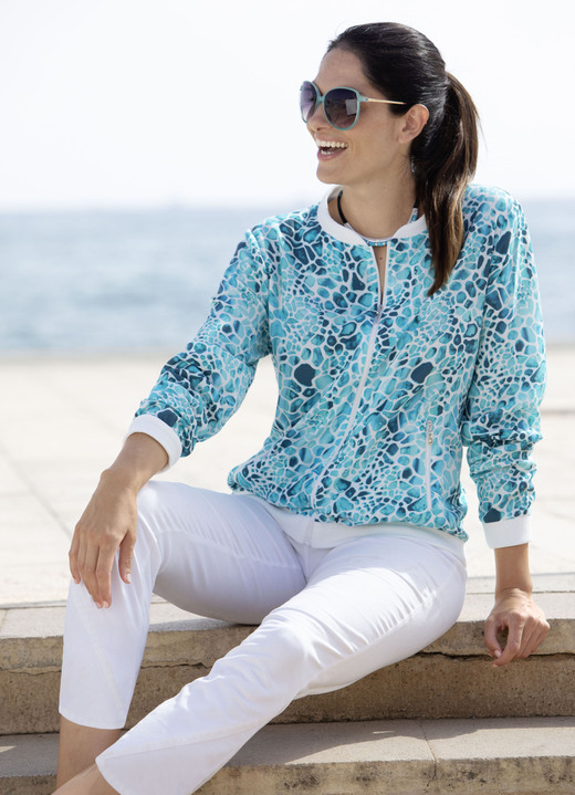 Blusen - Blusenjacke mit Rippenstrick, in Größe 036 bis 052, in Farbe TÜRKIS-WEISS-AQUA-BUNT Ansicht 1