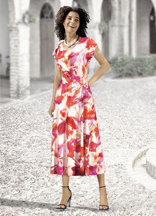 Kleider - Kleid mit raffinierter Knotentechnik, in Größe 019 bis 054, in Farbe KORALLE-PINK-ECRU-BUNT