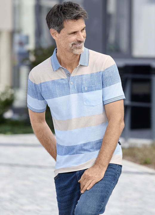 Shirts - Poloshirt von «Hajo», in Größe 046 bis 062, in Farbe BEIGE-JEANSBLAU-HELLBLAU Ansicht 1