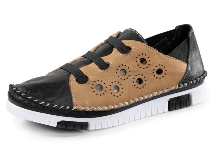 Slipper & Schnürschuhe - Gemini Mokassin-Slipper mit dezenter Knitter-Struktur, in Größe 036 bis 042, in Farbe SCHWARZ-CAMEL Ansicht 1