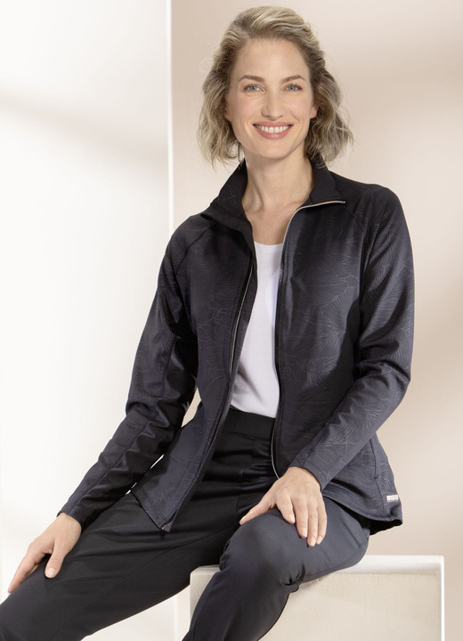 Freizeitanzüge - Sportjacke von «LPO», in Größe 036 bis 046, in Farbe SCHWARZ MIT PRÄGEDRUCK Ansicht 1