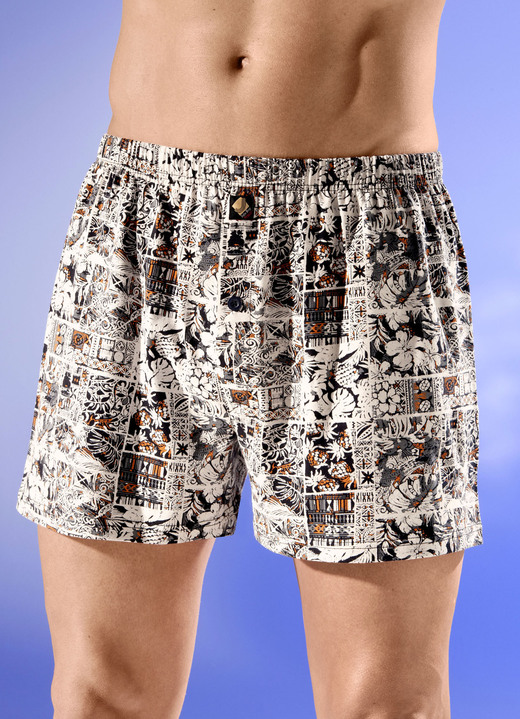 Pants & Boxershorts - Viererpack Boxershorts mit Alloverdessin, in Größe 005 bis 016, in Farbe 2X SAND-GRAU-ORANGE, 2X GRAU-SCHWARZ-ORANGE