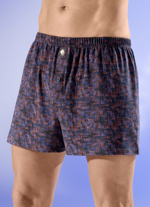 Pants & Boxershorts - Viererpack Boxershorts mit knöpfbarem Eingriff, in Größe 005 bis 016, in Farbe 2X SCHWARZ-BLAU-TERRA, 2X SCHWARZ-BLAU-GRAU Ansicht 1