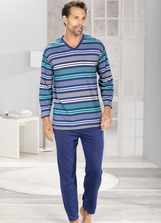 Pyjamas - Schlafanzug mit V-Ausschnitt und garngefärbtem Ringel, in Größe 046 bis 060, in Farbe BLAU-GRÜN-BUNT Ansicht 1